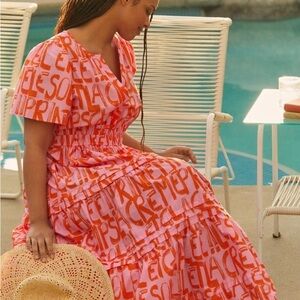 NWT Anthropologie Somerset Maxi Dress in Pink/Orange with French Words. Size XL